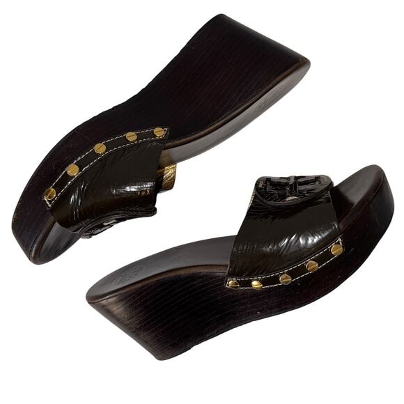Tory Burch Patti Brown Patent Leather Logo Mules Gold Hardware Size 9.5 - Picture 9 of 15